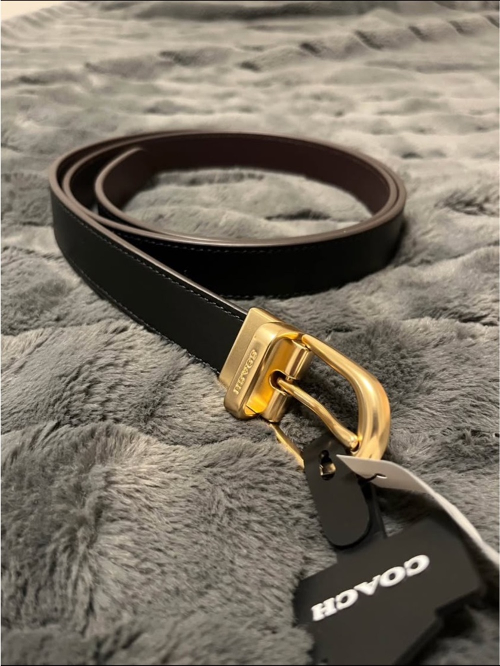 Coach Black Leather Men's Belt with Gold Buckle